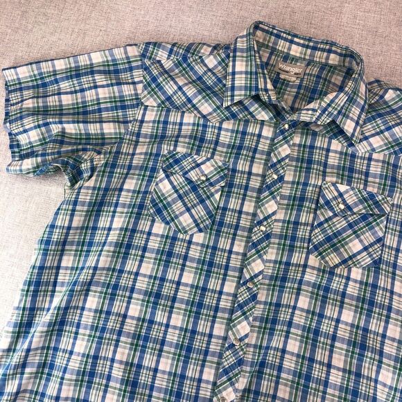 Vintage Wrangler Wrancher Shirt Blue Plaid Pearl Snap 3XL Western Cowboy Rodeo - Picture 1 of 8